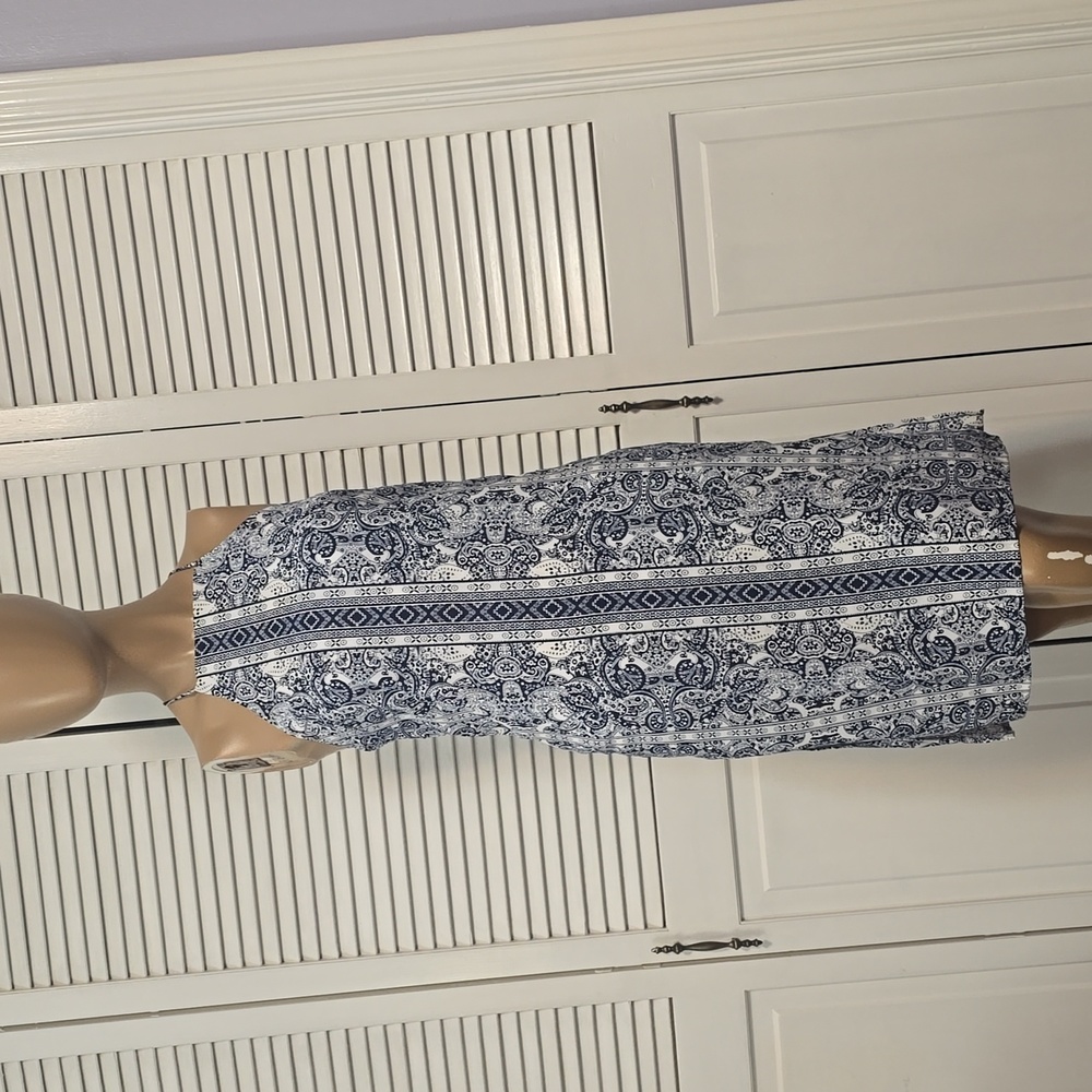 #574 One Clothing Blue & White Halter Slip Dress  with Paisley Print Zip Up Back